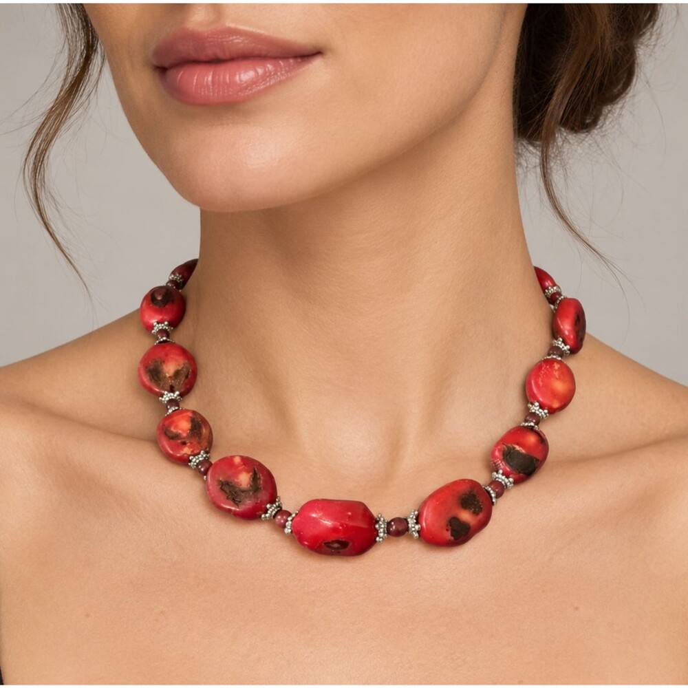 Chunky Genuine Red Sponge Coral Necklace Sterling Silver 925 Toggle 16.5" 91g